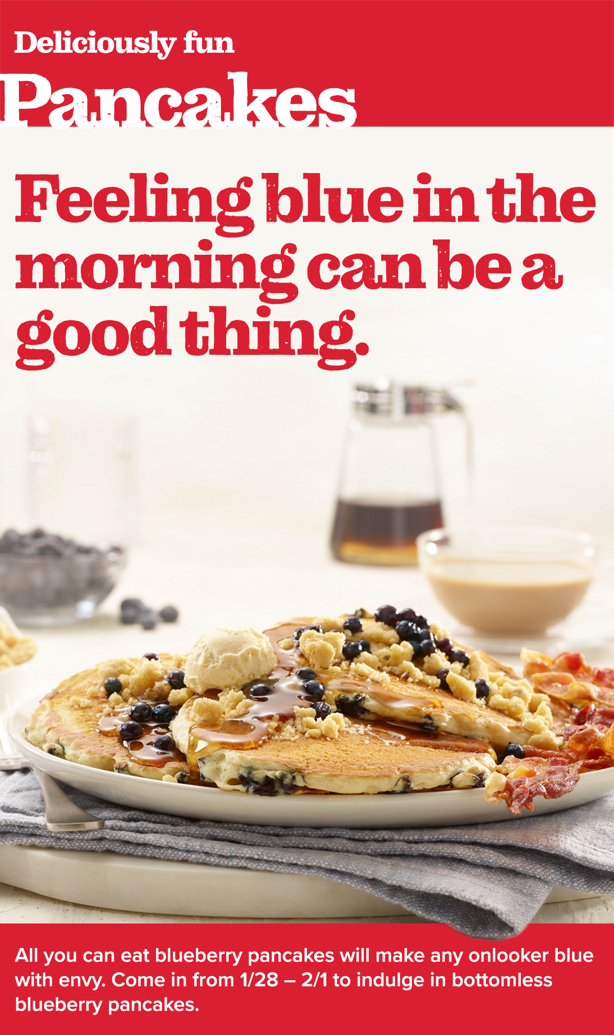 All you can eat blueberry pancakes will make any onlooker blue with envy.